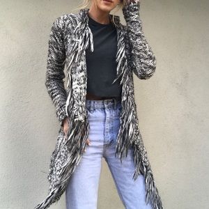 Free People Black And White Fringe Knit Cardigan